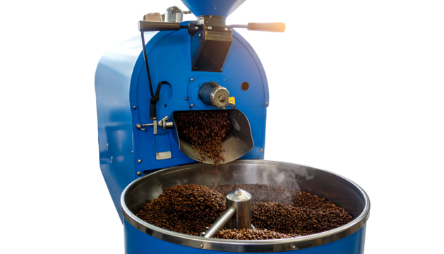 Blue industrial machine roasts coffee beans, releasing steam into a large metal pan