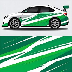 Abstract green and white diagonal graphic design on a car, showing both the car and the graphic artwork separately
