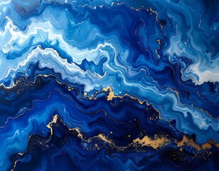 Abstract art with wavy, marbled textures in deep and light blues accented with metallic gold lines and hints of white