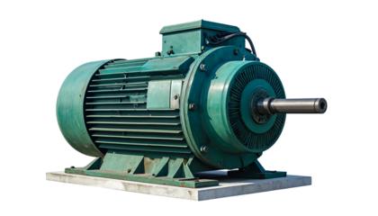 A detailed image of a green industrial electric motor, isolated on a black background