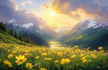 Golden sunrise over an alpine valley with yellow wildflowers in the foreground, snow-capped peaks, pine trees and a winding reflective river, evoking peaceful awe