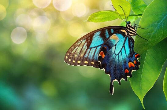 blue butterfly with orange spots resting on green leaves in soft sunlit bokeh, a tranquil delicate close-up nature scene