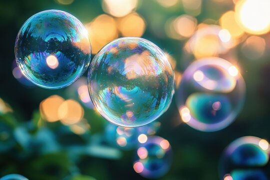Iridescent soap bubbles floating over blurred green foliage with warm golden bokeh, colorful reflections and a dreamy playful atmosphere - Powered by Adobe