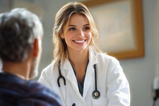 doctor in white coat with stethoscope attentively consulting an elderly male patient in a bright medical office conveying warmth and professional care