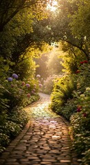Naklejka premium Winding garden path illuminated by bright sunlight filtering through an archway of lush green foliage