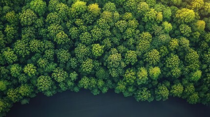 Naklejka premium aerial view of dense green treetops forming a textured canopy along a calm dark riverbank, sunlit and serene