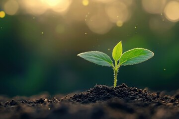 young green seedling sprouting from dark soil at sunrise with warm bokeh background conveying hope and new growth