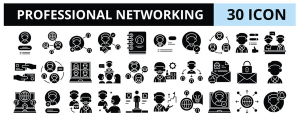 30 Professional Networking Glyph Icons Vector - Accept Invitation, Contact List, Alumni Network, Job Recommendation, Private Message, Peer Endorsement, Networking Event
