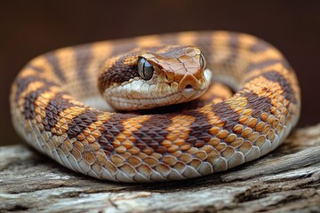 coiled brown and orange patterned snake with watchful eyes resting on weathered wood, intense close-up of textured scales and alert expression