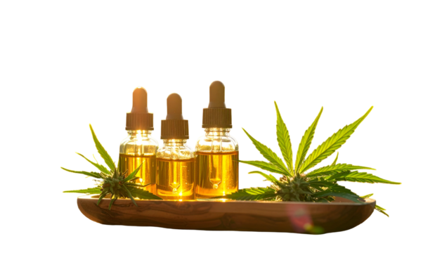 Three amber liquid droppers on a wooden tray with cannabis leaves, against black