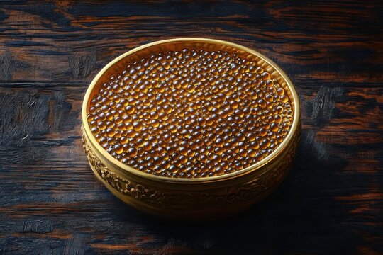 ornate golden bowl filled with glistening amber spheres on dark wooden surface, luxurious elegant still life - Powered by Adobe