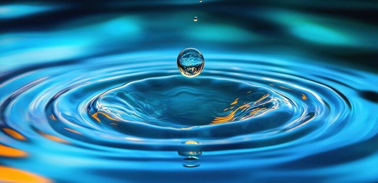 single water droplet suspended above rippling blue surface with golden reflections, serene and tranquil
