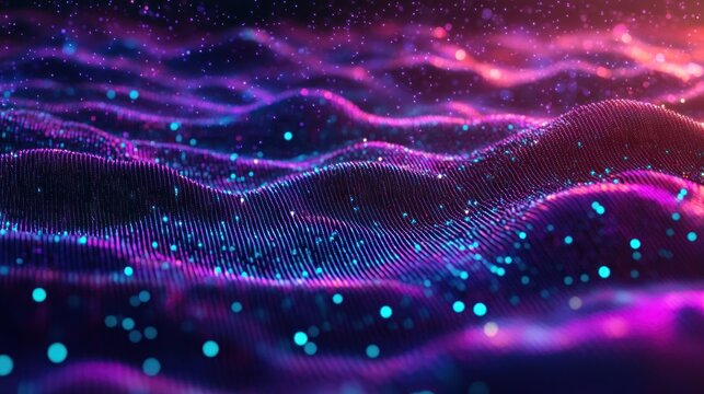 undulating neon particle landscape of glowing blue and purple dots and wavy grid lines, a mesmerizing futuristic and dreamy digital sea of light and depth