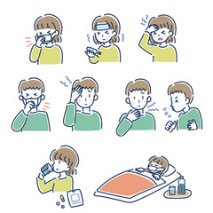 風邪をひいて体調が悪い男女のベクターイラストセット