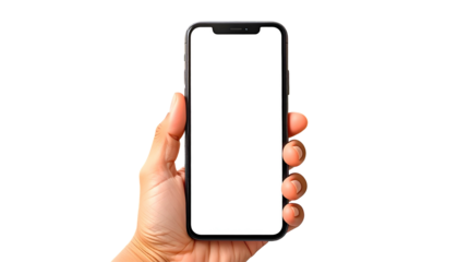 A hand holds a smartphone with a blank white screen against a black background (1)