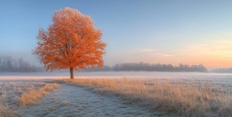 Solitary orange-leaved tree beside a frosty grassy path in a misty meadow at sunrise, tranquil cold dawn with pastel sky and distant treeline