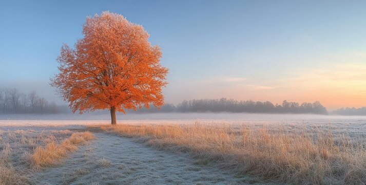 Solitary orange-leaved tree beside a frosty grassy path in a misty meadow at sunrise, tranquil cold dawn with pastel sky and distant treeline