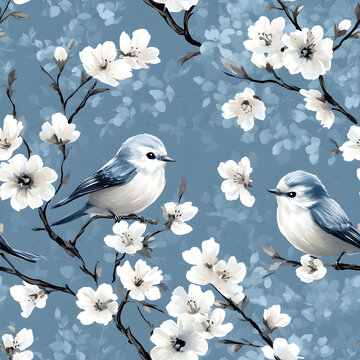 Seamless Spring Pattern with Blue Birds on Flowering Branches, Elegant Floral Textile Print for Wrapping Paper and Wallpaper