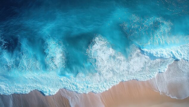 Aerial view of turquoise ocean with white foamy waves breaking onto a sandy beach, conveying a calm and invigorating coastal scene