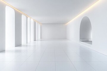 Fototapeta premium Minimalist white interior with a row of tall arched openings, large arched alcove with built-in bench, glossy tiled reflective floor and warm recessed ceiling lighting, serene and airy atmosphere