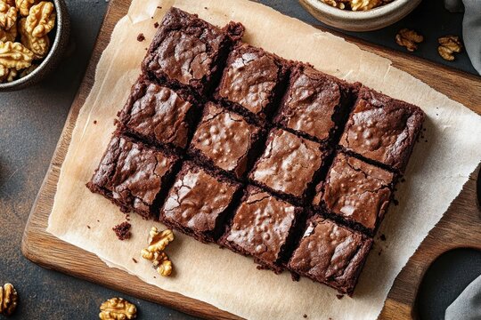 Twelve fudgy chocolate brownies cut into squares on parchment and a wooden board with scattered walnuts, warm tempting homemade indulgent rustic dessert