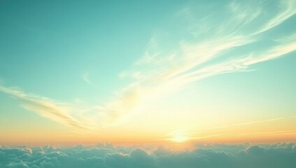 sunrise above a soft ocean of clouds with pastel teal sky and golden light, serene calm and uplifting mood
