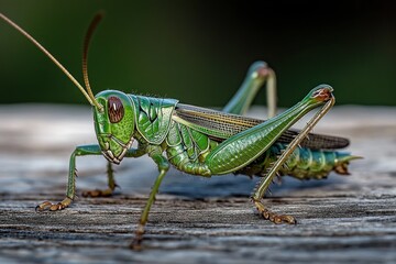 Fototapeta premium Close-up of a vivid green grasshopper poised on a weathered wooden plank, showing detailed exoskeleton, antennae and alert side profile