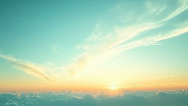sunrise above a soft ocean of clouds with pastel teal sky and golden light, serene calm and uplifting mood - Powered by Adobe