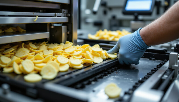 Sliced potato chips being processed on industrial conveyor belt in modern food factory, worker wearing blue glove handling fresh potato slices, clean and efficient production line