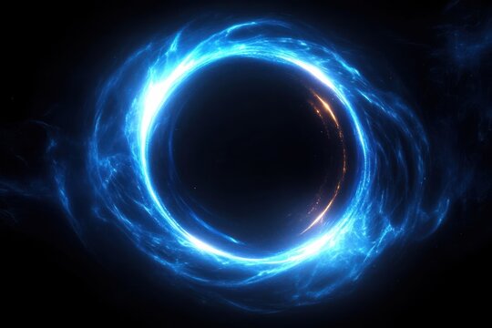 swirling electric blue energy ring encircling a dark void with glowing orange sparks, mysterious cosmic vortex