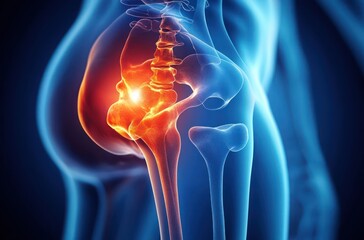 transparent lower torso showing pelvis, hip joint and upper femur with glowing inflamed area indicating intense hip pain and discomfort