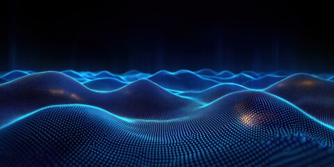 Glowing blue dotted mesh forming undulating wave landscape with orange hotspots, serene futuristic abstract data sea