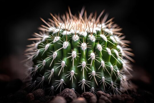 close-up of a round green cactus with white areoles and sharp brown spines on rocky soil, dramatic moody lighting conveying resilience and quiet strength
