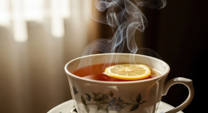 Steaming hot beverage with citrus slice rests near a softly lit window