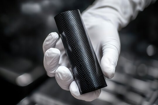 Gloved hand holding a sleek black carbon fiber cylinder, inspected with careful precision and professional focus