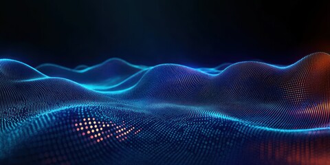 glowing blue and orange dotted digital wave landscape of undulating mesh and particles, futuristic calm and mysterious depth
