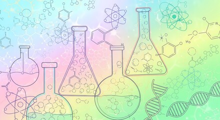 Modern science background with colorful molecules and laboratory glassware