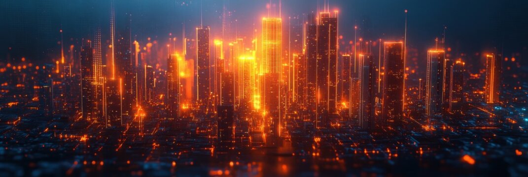 awe-inspiring glowing futuristic city skyline with towering neon-orange skyscrapers rising from a circuit-like glowing grid, electric blue haze and vibrant cybernetic atmosphere - Powered by Adobe