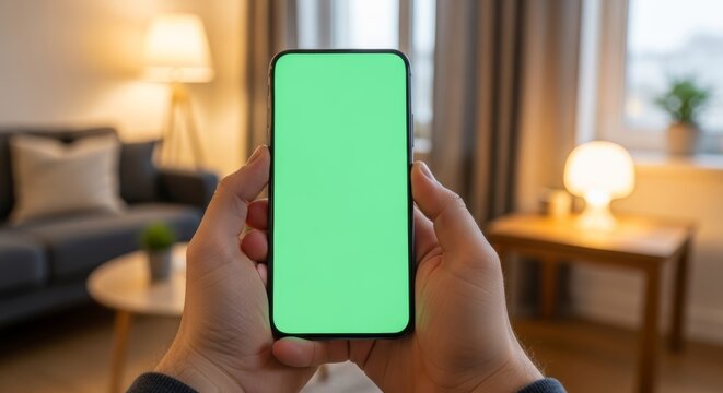Hands holding a smartphone with a green screen. Chroma key mockup for video content or app interfaces. Person using phone in a cozy home living room. Close-up view for easy compositing. - Powered by Adobe