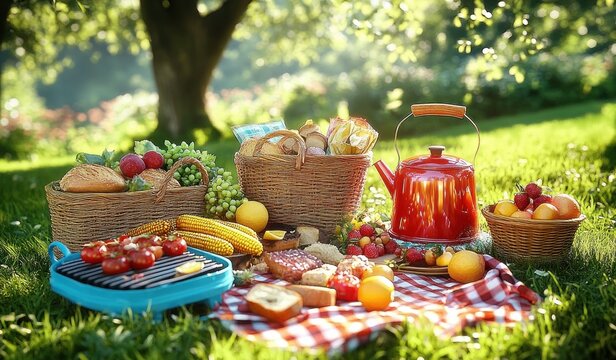 sunlit outdoor picnic with red kettle and blue portable grill on a checkered blanket, wicker baskets of bread, grapes, corn, fruit and cheese in a relaxed joyful summer meadow