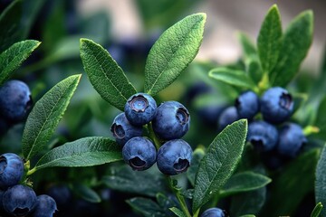 Cluster of ripe blueberries on a leafy green bush, fresh and vibrant summer bounty