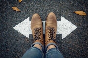 pair of brown lace-up boots and rolled jeans standing on asphalt over a white two-way arrow with fallen leaves, conveying indecision and choice