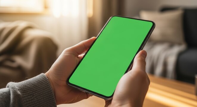 Hands holding a smartphone with a green screen. Chroma key mockup for video content or app interfaces. Person using phone in a cozy home living room. Close-up view for easy compositing.