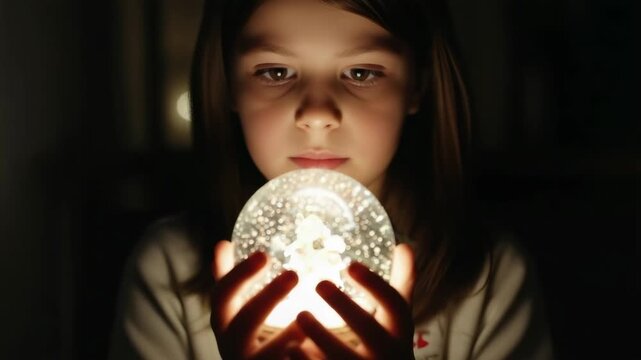 Young caucasian girl holding a glowing magic crystal ball in a dark room. Childhood wonder and imagination as she looks into the future with curiosity. Cinematic video sequence