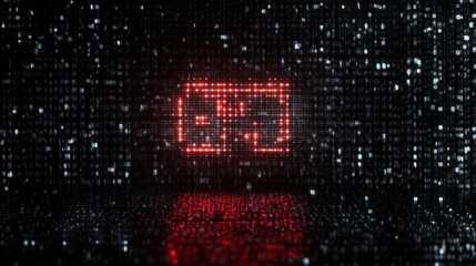 red glowing pixelated rectangle icon reflecting on wet dark floor amid cascading white digital code, futuristic and ominous atmosphere
