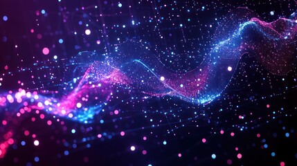 flowing neon particle wave of blue and pink glowing dots and mesh over dark grid, futuristic dynamic energy and mesmerizing motion
