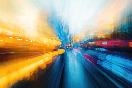blurred urban street at night with streaking orange and blue light trails, blurred buildings and a vanishing point conveying speed, energy and motion