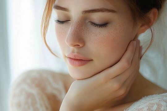 close-up of a red-haired woman touching her jaw in soft natural light wearing a lace garment, intimate and contemplative mood - Powered by Adobe
