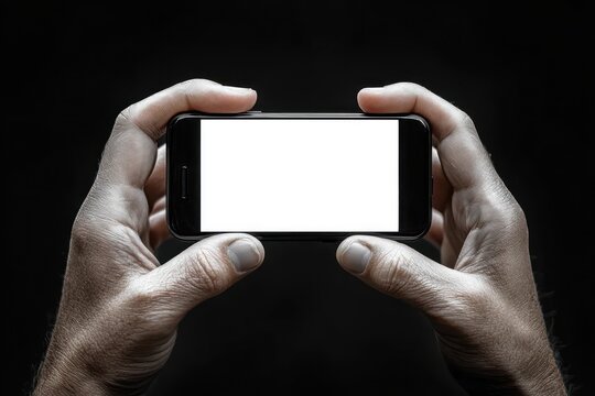 Two hands holding a smartphone horizontally with a blank white screen against a dark background conveying focus and anticipation