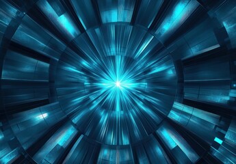 Glowing cyan starburst at the center of concentric metallic rings forming a futuristic tunnel, radiating intense energy, motion and dynamic technological power